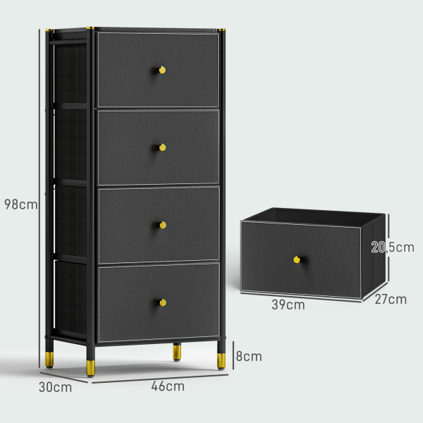 HOMCOM Cómoda para Dormitório Cómoda de Tecido com 4 Gavetas Dobráveis com Frentes de Couro PU 46x30x98 cm Preto - Image 3