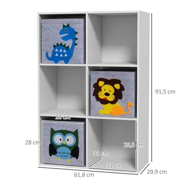 ZONEKIZ Estante para Brinquedos com 6 Compartimentos e 3 Caixas de Tecido não Tecido e Desenho de Animais 61,8x29,9x91,5 cm Branco e Cinza - Image 3