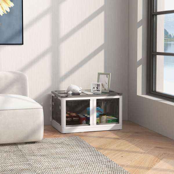 HOMCOM Caixa de Armazenamento Empilhável com Tampa 69L Caixa Organizadora Dobrável com Rodas 60x42x34 cm Branco - Image 2