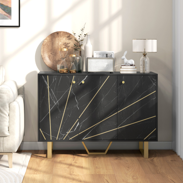 HOMCOM Aparador de Sala de Estar com 2 Armários e Prateleira Interior Ajustável com Efeito Mármore 107x35x75 cm Preto e Dourado - Image 2