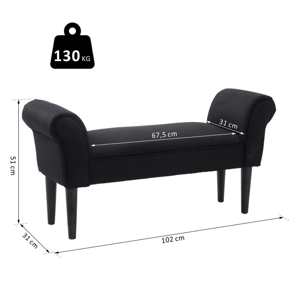 HOMCOM Banco de Pé de Cama Banco com Braços Curvados Estofado e Pés de Madeira Carga Máxima 130kg 102x31x51cm Preto - Image 3