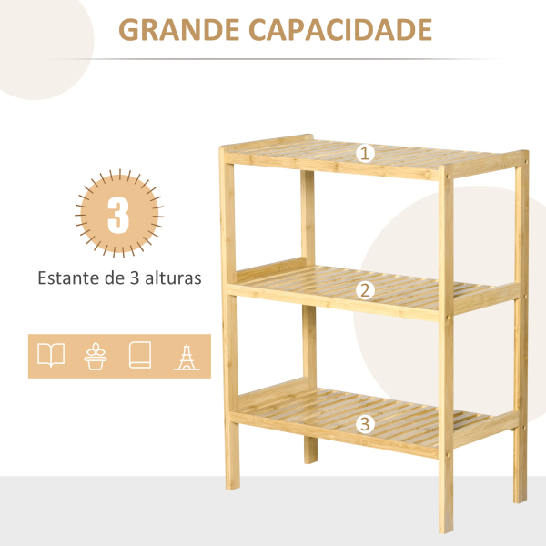HOMCOM Estante de Bambu de 3 Níveis Móvel Organizador Multifuncional para Casa de Banho Cozinha Sala de Estar 62x33x80cm Natural - Image 4