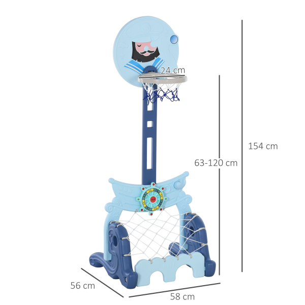 HOMCOM Tabela de Basquetebol 4 em 1 com Altura Ajustável para Crianças acima de 3 Anos Centro de Atividades 58x56x154cm Azul - Image 4