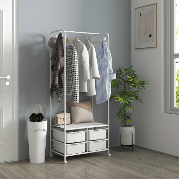 HOMCOM Charriot Moderno 8 Ganchos e 4 Cestos para Armazenamento Charriot com Rodas e Estrutura de Aço 63x37x153 cm Branco - Image 2