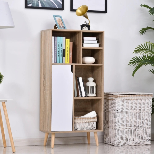 HOMCOM Móvel Aparador Alto Armário Auxiliar de Sala de Estar com 5 Compartimentos e 1 Porta Multiuso para Sala de Jantar Cozinha Dormitório 60x30x121cm Carvalho e Branco - Image 2
