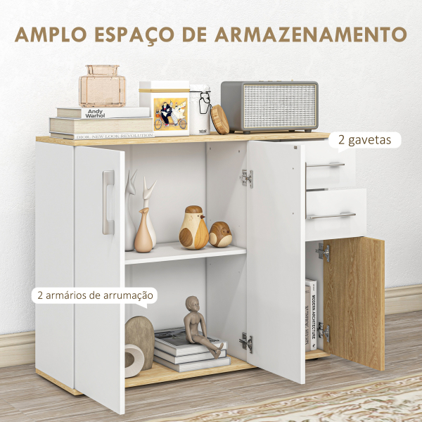 HOMCOM Aparador Sala de Estar Moderno com 2 Gavetas 2 Armários e Prateleiras Ajustáveis 90x30x75,5 cm Branco e Madeira - Image 4
