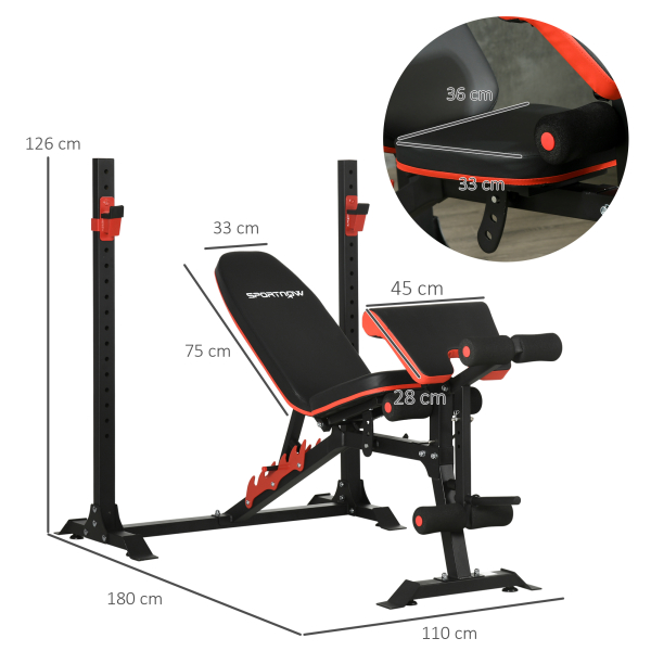 SPORTNOW Banco de Musculação Multifuncional Banco de Pesos com Encosto Reclinável e Suporte de Barras Ajustável 180x110x126 cm Preto - Image 3