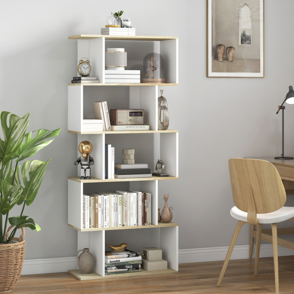 HOMCOM Estante para Livros Estilo Nórdico Estante com 5 Prateleiras Anti-Tombo Carga 25 kg 70x29,5x163 cm Branco e Madeira - Image 2