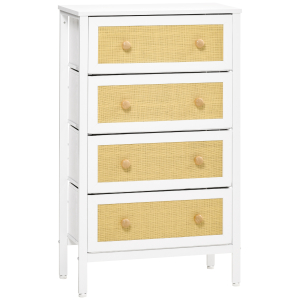 HOMCOM Cómoda Estilo Bohemio com 4 Gavetas de Tecido Dobráveis Superfície de Vime PE e Estrutura de Aço 62x30x105 cm Branco