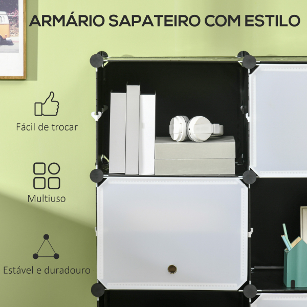 HOMCOM Armário Modular de Plástico Armário com 12 Cubos Organizadores de Sapatos Roupas Brinquedos 125x32x125cm Branco e Preto - Image 4