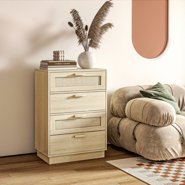 HOMCOM Cómoda com 4 Gavetas de Vime Cómoda de Madeira para Dormitório Sala de Estar Estilo Boêmio 60x38x88,5 cm Madeira - Image 2