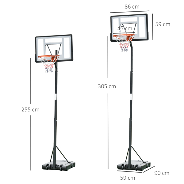 HOMCOM Tabela de Basquetebol Portátil Ajustável em Altura com Base Recarregável para Crianças e Adultos 86x165x302-352 cm Preto - Image 3