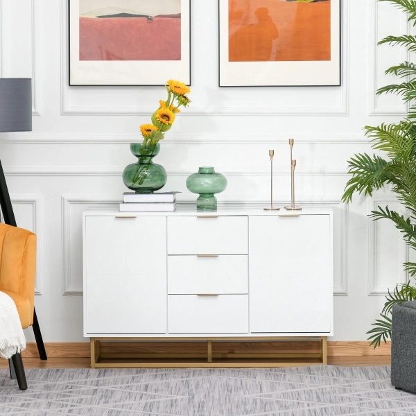 HOMCOM Aparador Auxiliar Armário de Armazenamento com 3 Gavetas e 2 Armários com Prateleira Ajustável 120x40x76 cm Branco - Image 2