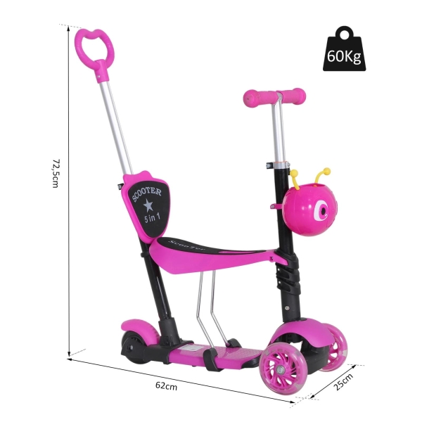 HOMCOM 5 em 1 trotinete para crianças de acima de 1 ano 3 rodas trotinete com assento removível guiador ajustável 62x25x72,5 cm Rosa - Image 3