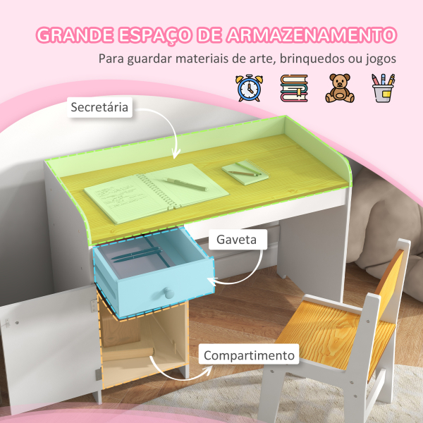 ZONEKIZ Conjunto de Secretária e Cadeira para Crianças Conjunto Infantil de 2 Peças com Gaveta e Armário para Quarto Branco e Natural - Image 4