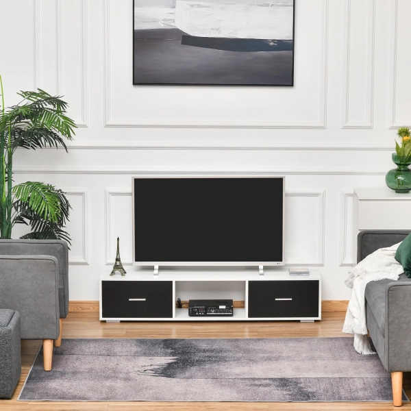 HOMCOM Móvel de TV para Televisores de até 60" Móvel de Sala de Estar Moderno com 2 Gavetas e Compartimento Aberto 140x30x32cm Branco e Preto - Image 2