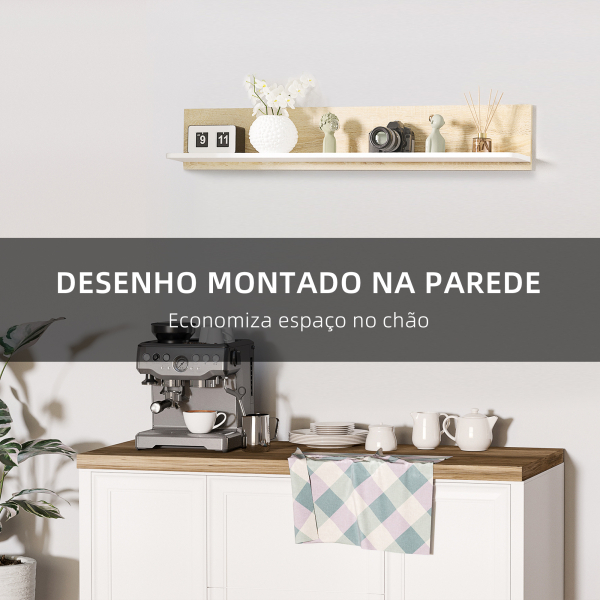 HOMCOM Estante de Parede Estante Flutuante de Madeira para Sala de Estar Dormitório Cozinha 120x15x20cm Carvalho e Branco - Image 4