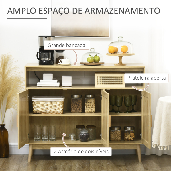 HOMCOM Aparador Sala de Estar de Estilo Cannage com 3 Portas de Vime Prateleiras Ajustáveis e Pés de Madeira 120x40x97 cm Madeira - Image 4
