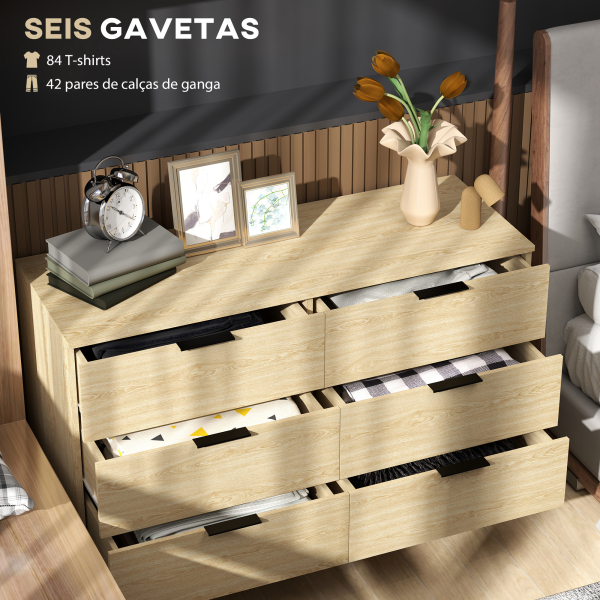 HOMCOM Cómoda com 6 Gavetas Cómoda para Dormitório Cómoda Moderna com Desenho Anti-Tombo  110x40x75 cm Carvalho - Image 4