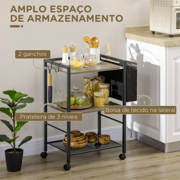 HOMCOM Carrinho Auxiliar com Rodas Carrinho de Armazenamento de 3 Níveis com Bolsa de Tecido 2 Ganchos 66x40x80,5cm Cinza - Image 4