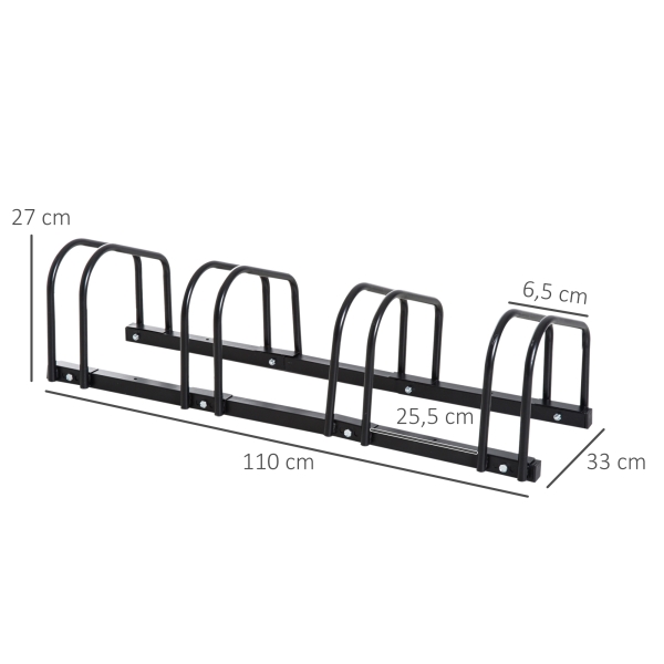 HOMCOM Estacionamento para 4 Bicicletas Suporte de Aço para Estacionar Bicicletas no Chão para Interior e Exterior 110x33x27 cm Preto - Image 3