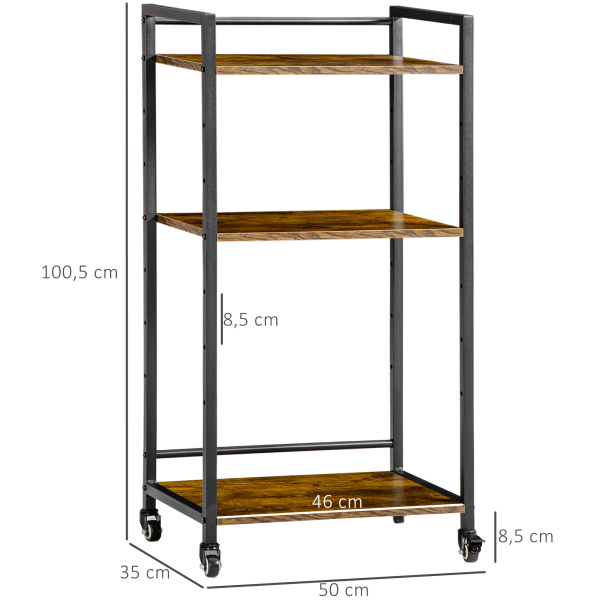 HOMCOM Estante Multifuncional com Rodas Estante de Armazenamento de 3 Níveis com Prateleiras Ajustáveis para Escritório Estúdio Dormitório 50x35x100,5cm Marrom Rústico - Image 3