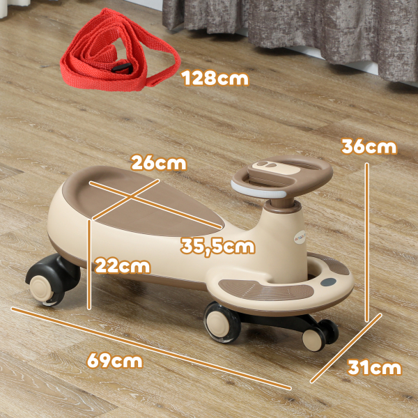 AIYAPLAY Carrinho Gira Gira para Crianças Carrinho Wiggle com Guiador para Pais Música Luz e Espaço de Arrumação 69x31x69 cm Cáqui - Image 3