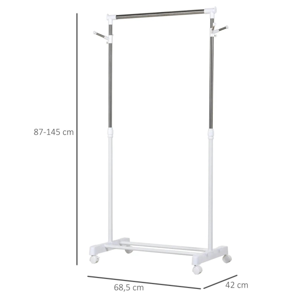 HOMCOM Charriot com Altura Ajustável Cabide com Rodas Portátil Prateleira Inferior Aço 68,5x42x87-145cm Branco e Prata - Image 3