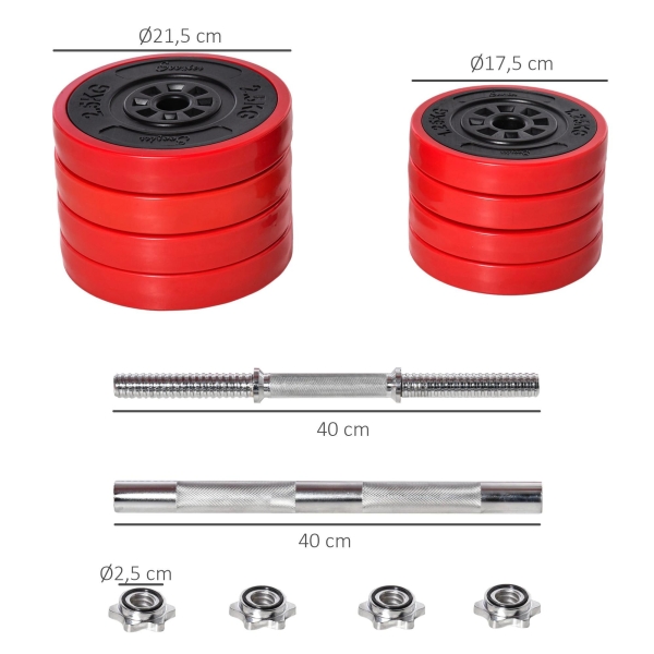 HOMCOM Conjunto de Halteres 20kg Ajustáveis 2 em 1 com 8 Discos 2 Barras e Extensor Ajustável para Treinamento de Força Levantamento de Pesos para Casa Academia Preto e Vermelho - Image 3