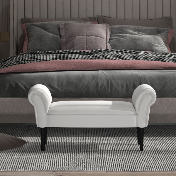 HOMCOM Banco de Pé de Cama Banco com Braços Curvados Estofado e Pés de Madeira Carga Máxima 130kg 102x31x51cm Branco - Image 2