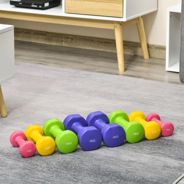HOMCOM Jogo de 8 Halteres Hexagonais 4 Pares 4kg 3kg 2kg 1kg com Revestimento Pesos para Exercícios em Casa Academia Aço Multicolor - Image 2