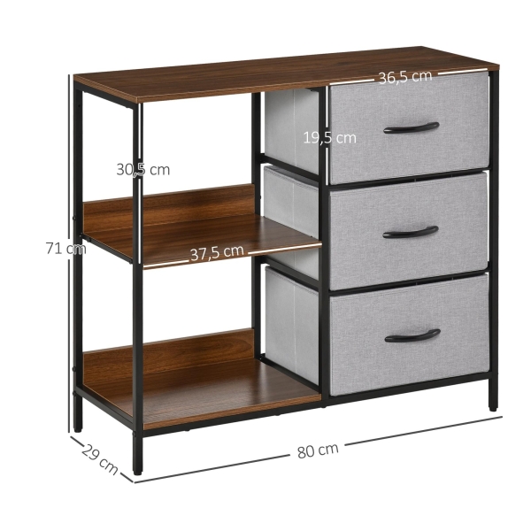 HOMCOM Cómoda de Estilo Industrial com Cestos de Tela Dobráveis e 2 Prateleiras para Dormitório Sala de Estar Corredor 80x29x71cm Nogueira e Cinza Claro - Image 3