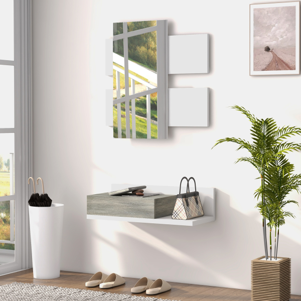 HOMCOM Conjunto de Móveis de Entrada com Espelho e Gaveta Móvel de Entrada Suspenso Estilo Moderno 75x3,5x75 cm e 75x30,5x20 cm Branco e Cinza - Image 2