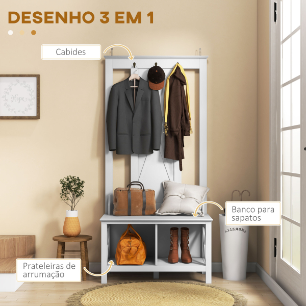 HOMCOM Móvel Cabide de Entrada de Madeira Móvel de Entrada com Banco 2 Prateleiras e 3 Ganchos para Pendurar 80,5x40x168 cm Branco - Image 4