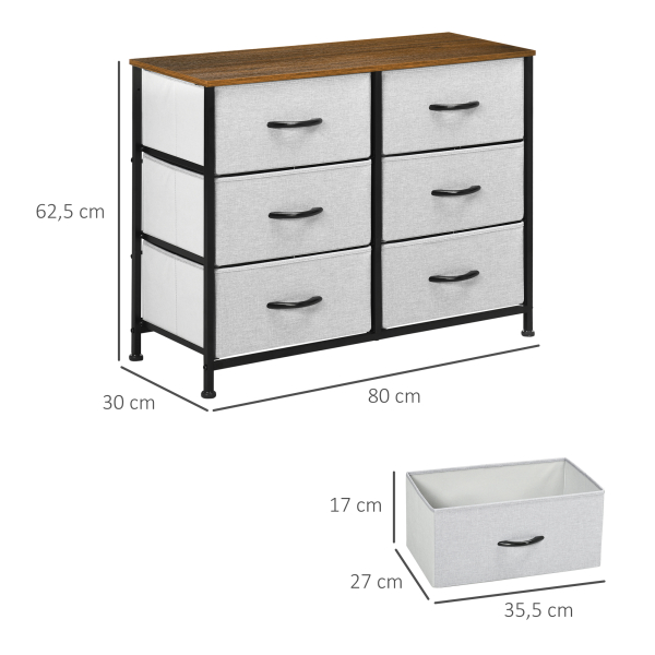 HOMCOM Cómoda Estilo Industrial Cómoda com 6 Gavetas de Tecido Dobrável com Pés com Almofadas Ajustáveis 80x30x62,5 cm Cinza e Marrom - Image 3