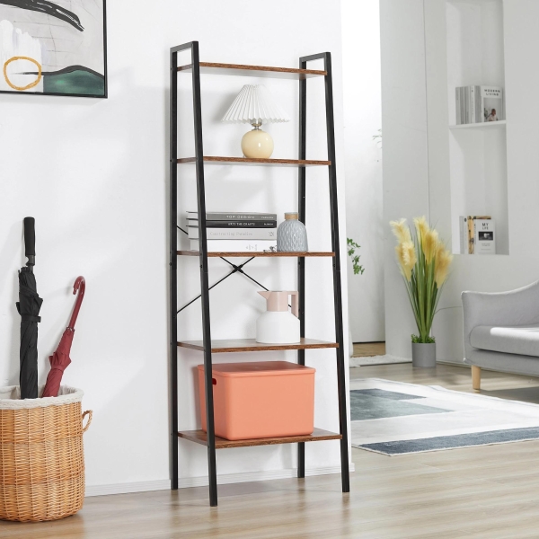 HOMCOM Estante de Estilo Industrial em Forma de Escada com 5 Prateleiras com Estrutura de Metal para Sala de Estar Dormitório Cozinha Escritório 56x34x160cm Marrom Rústico - Image 2
