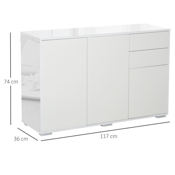 HOMCOM Aparador de Sala de Estar com 3 Portas 2 Gavetas e Prateleira Interior Ajustável Móvel Auxiliar de Armazenamento para Cozinha Dormitório Anti-Rolamento 117x36x74cm Branco - Image 3