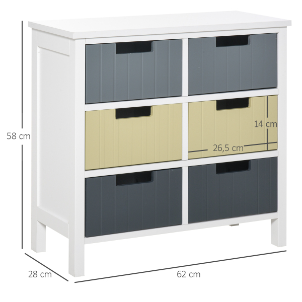 HOMCOM Cómoda de Madeira com 6 Gavetas Cómoda Auxiliar de Armazenamento com Pés Elevados Estilo Moderno para Dormitórios Sala de Estar Casa de Banho 60x28x58cm Multicor - Image 3