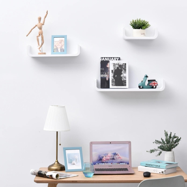 HOMCOM Conjunto de 3 Prateleiras Flutuantes 60/45/30x15x10 cm Prateleiras de Parede para Armazenamento de Livros Fotos Decoração para Sala de Estar Corredor Dormitório Branco - Image 2