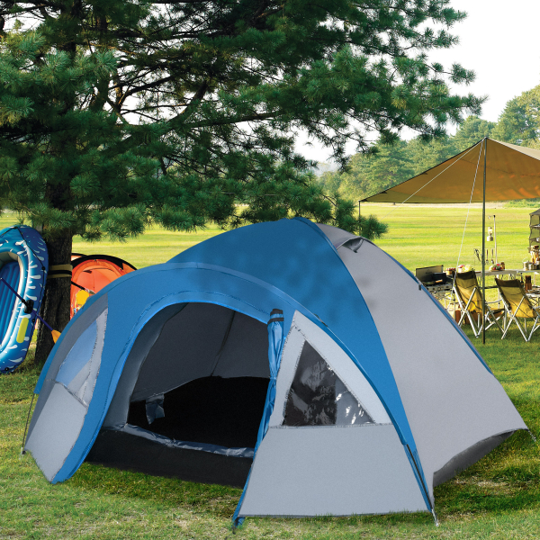 Outsunny Tenda de Campismo para 4 Pessoas Tenda de Campismo com Janelas 2 Bolsos e Bolsa de Transporte 300x250x130 cm Cinza e Azul - Image 2