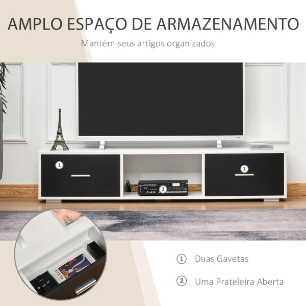 HOMCOM Móvel de TV para Televisores de até 60" Móvel de Sala de Estar Moderno com 2 Gavetas e Compartimento Aberto 140x30x32cm Branco e Preto - Image 4