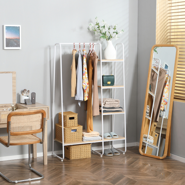 HOMCOM Suporte para Cabides com 4 Prateleiras de Armazenamento e Barra de Pendurar Estilo Industrial 101x39x160cm Madeira e Branco - Image 4