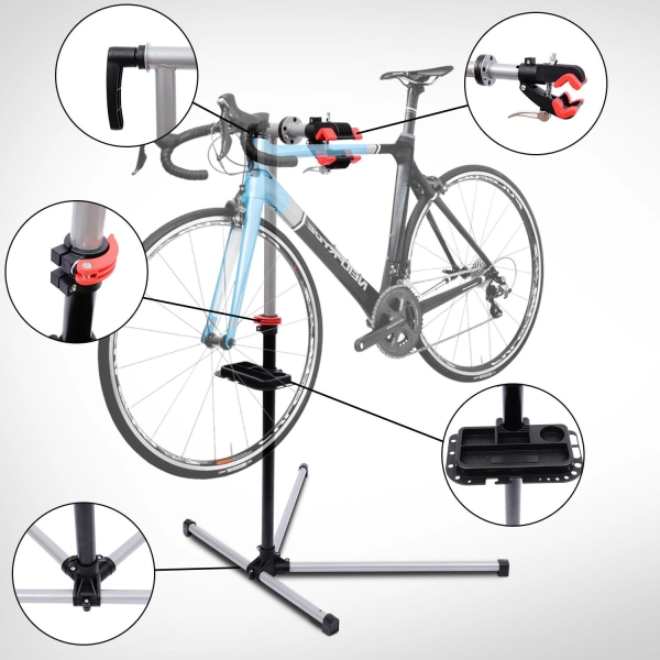 HOMCOM Suporte de Reparação de Bicicleta Portátil Suporte para Bicicleta com Altura Ajustável 109-180cm Giratório 360° Bandeja de Ferramenta até 30kg 100x66x180cm Preto - Image 2