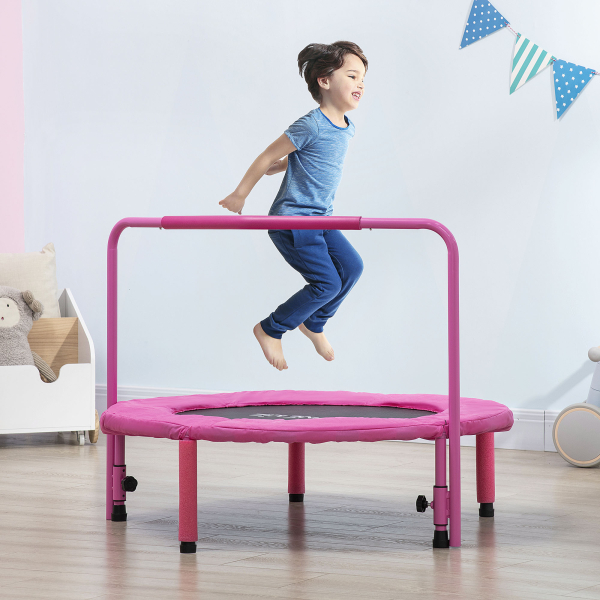 ZONEKIZ Trampolim Infantil 3 em 1 para Crianças de 1-6 Anos com Corrimão Amovível Mini Trampolim para Interior Ø96x74cm Rosa - Image 2