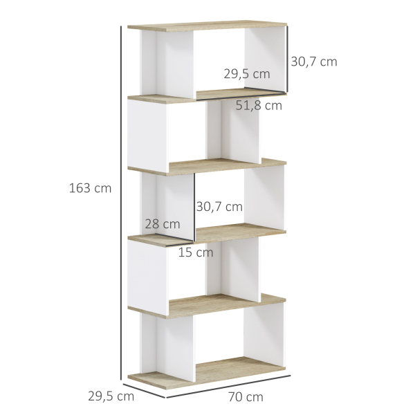 HOMCOM Estante para Livros Estilo Nórdico Estante com 5 Prateleiras Anti-Tombo Carga 25 kg 70x29,5x163 cm Branco e Madeira - Image 3