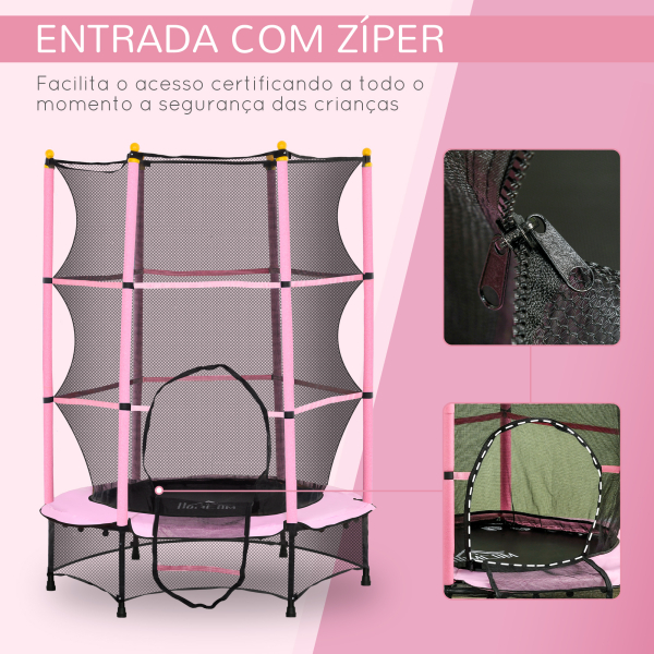 HOMCOM Trampolim para Crianças com Rede de Segurança e Estrutura de Aço para Interiores e Exteriores Carga 50kg Ø140x190 cm Rosa - Image 4