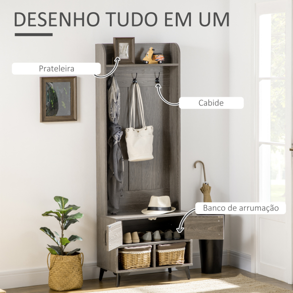 HOMCOM Móvel Cabide de Entrada com Sapateiro 3 Ganchos 2 Portas 2 Compartimentos e Prateleira de Armazenamento 60x34x170 cm Cinza - Image 4