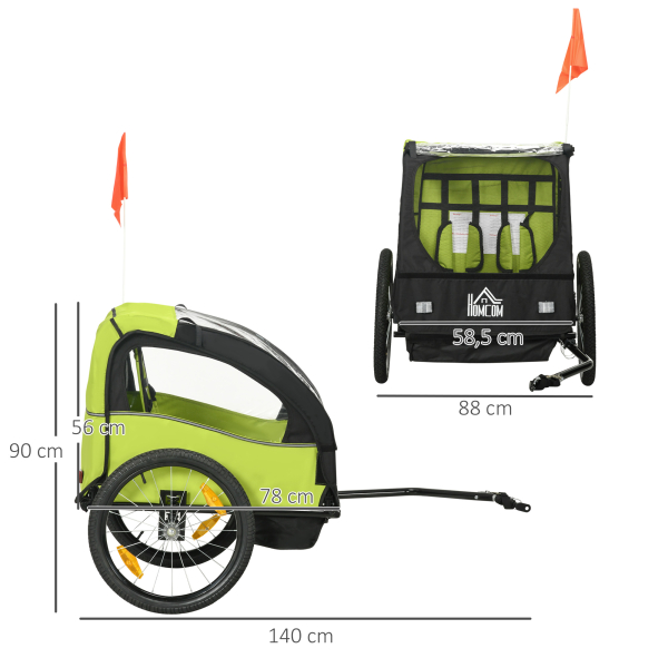 HOMCOM Reboque de Bicicleta para Crianças de 2 Lugares com Cinto de Segurança e Sistema de Amortecimento 140x88x90 cm Verde - Image 3
