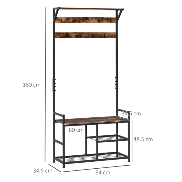 HOMCOM Móvel Cabide de Entrada com 3 Prateleiras 9 Ganchos Armário de Entrada com Cabides de Estilo Industrial 84x34,5x180cm Marrom - Image 3