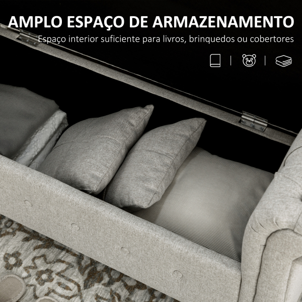 HOMCOM Banco de Pé de Cama de Linho com Dobradiças na Tampa Pés de Madeira e Apoio para os Braços 146,5x49x74,5cm Cinza Claro - Image 4
